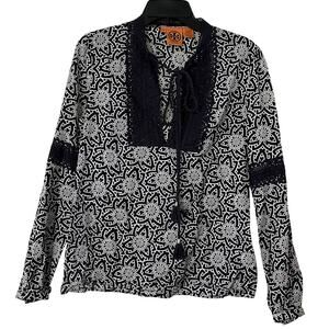 Tory Burch Boho Floral Lace Trim Top Blouse Size 6